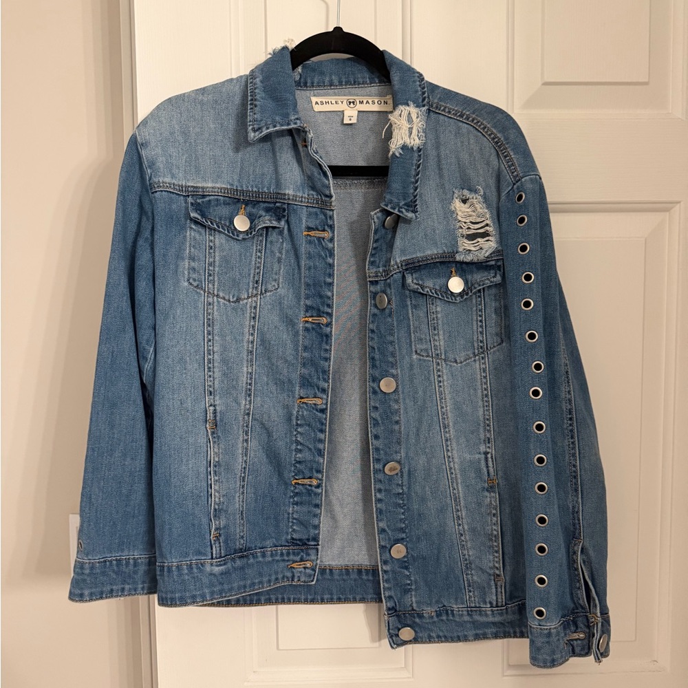 Ashley Mason Light Blue Denim Jacket with Distressed Detail and Grommet Sleeve